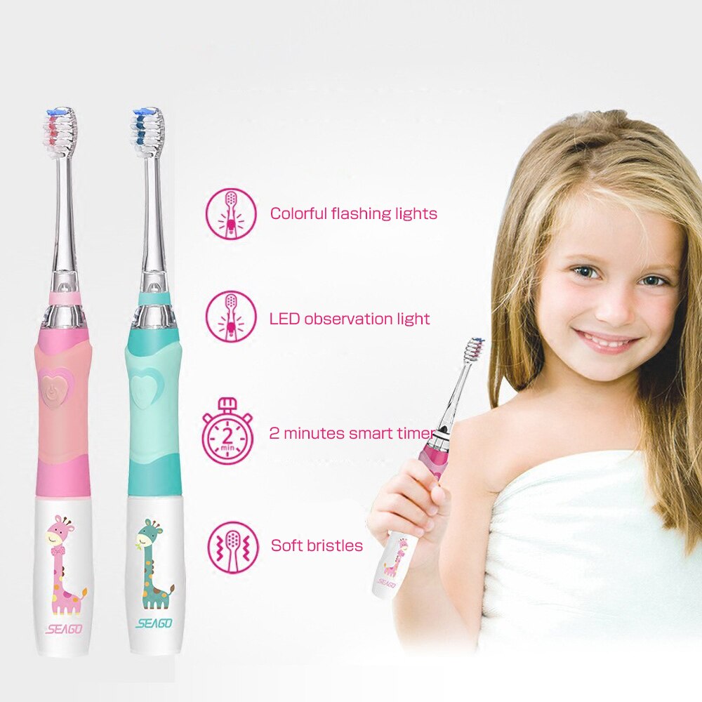 Children Sonic Electric Toothbrush For 3-12 Ages AAA Battery LED Light Kids Smart Timer Replacement Brush Heads IPX7 Waterproof