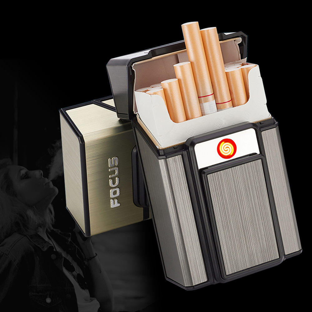 Creative Cigarette Case USB Rechargeable Lighter Metal Windproof Cigarette Lighter 20 Cigarette Case Storage Container Portable