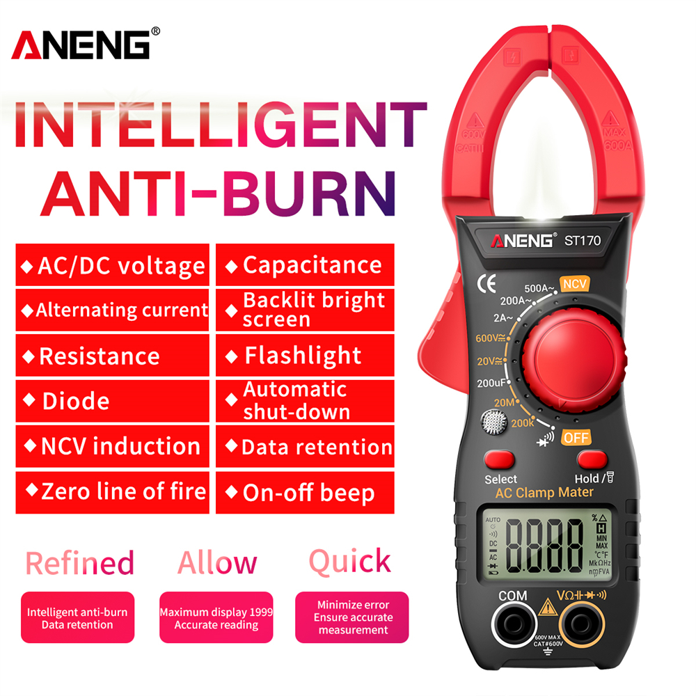 ANENG ST170 Clamp Meter Digital Multimeter 500A AC Current AC/DC Voltage Tester 1999 Counts Hz Capacitance NCV Ohm Diode Test