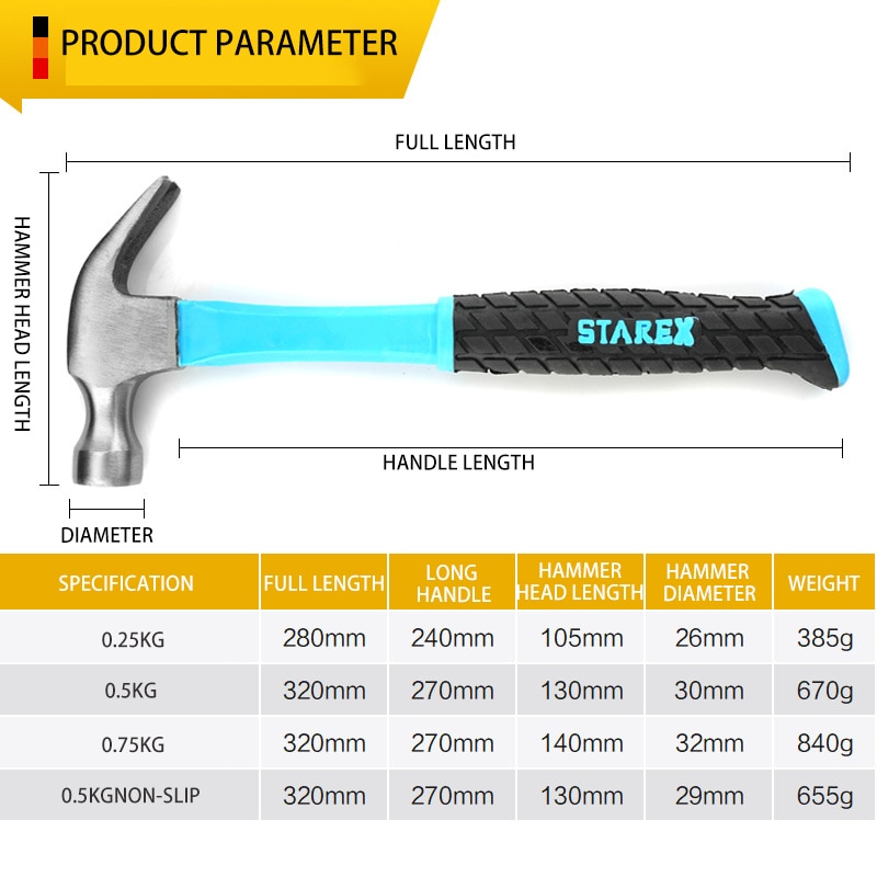 320mm Claw HCS Steel Professional For Woodworking Tools Or Glass Breaker Hammer Nail Non-slip Multi-Function Hammer Hand Tools