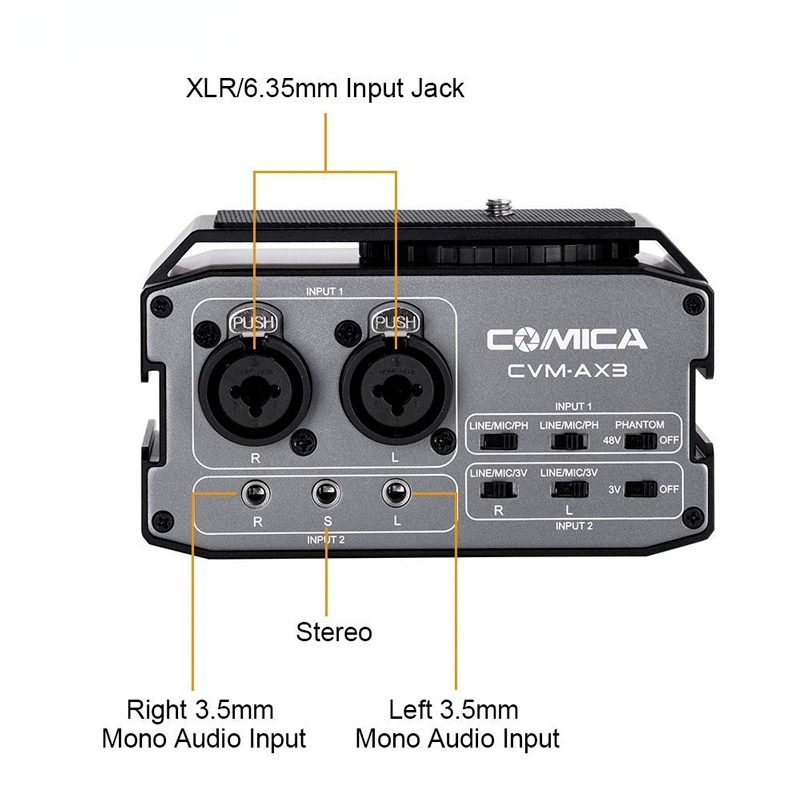 CVM-AX3 XLR Audio Mixer Adapter Preamplifier Dual XLR/3.5mm/6.35mm Port Mixer for Canon Nikon DSLR Cameras&Camcorders