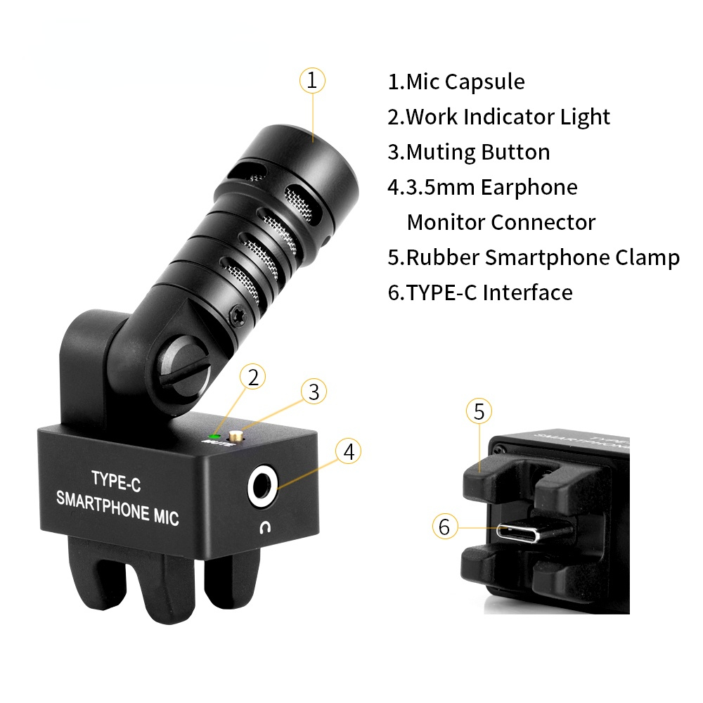 CVM-VS09 TC USB C Connection Cardioid 180 Degree Rotation Smartphone Microphone for Phone with TYPE-C Interface