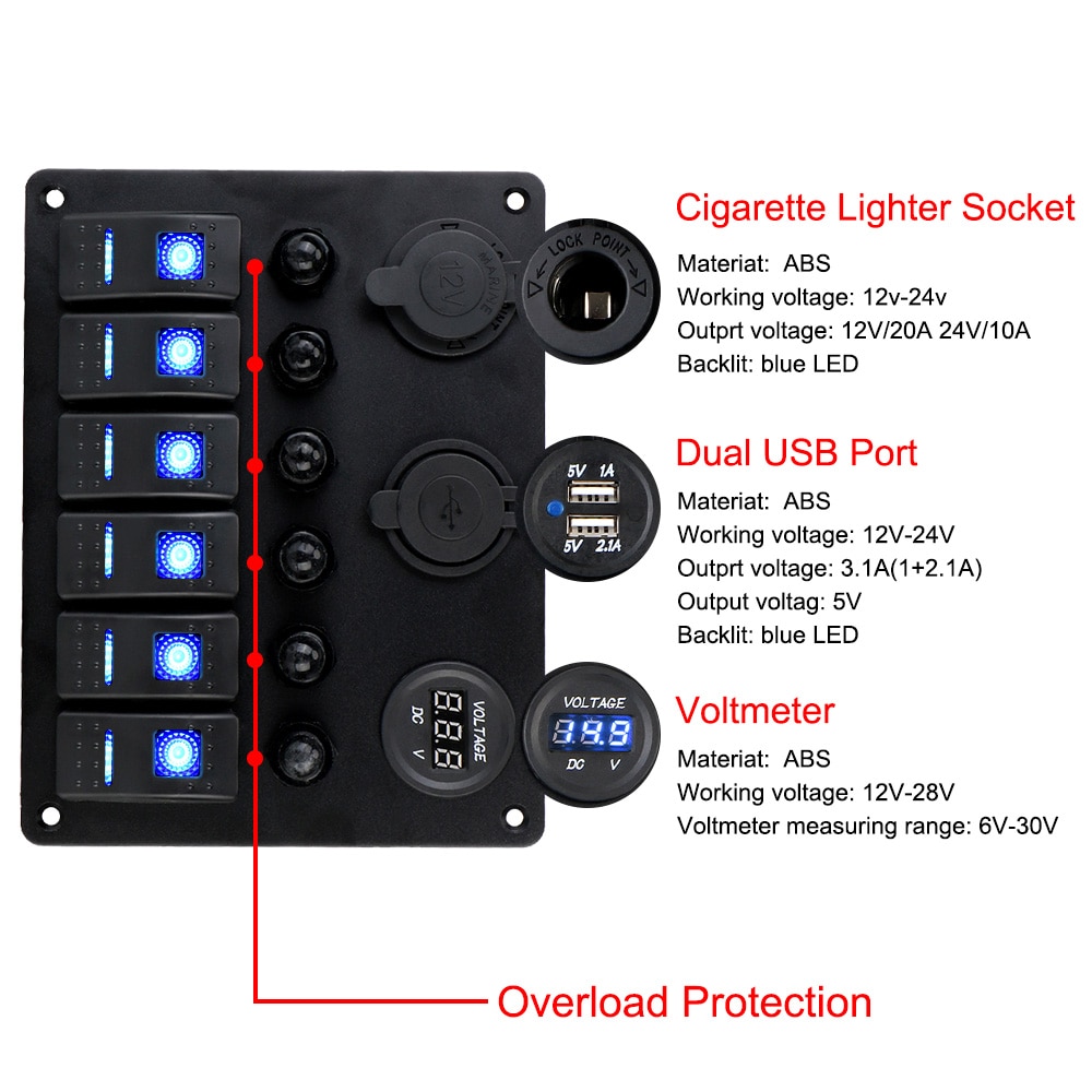 DC 12V/24V 6 Gang Rocker Switch Panel Car Marine Circuit LED Breaker Digital Voltmeter Aluminum Panel Dual USB Ports