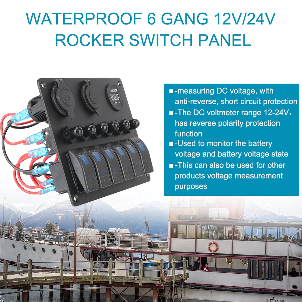 DC 12V/24V 6 Gang Rocker Switch Panel Car Marine Circuit LED Breaker Digital Voltmeter Aluminum Panel Dual USB Ports