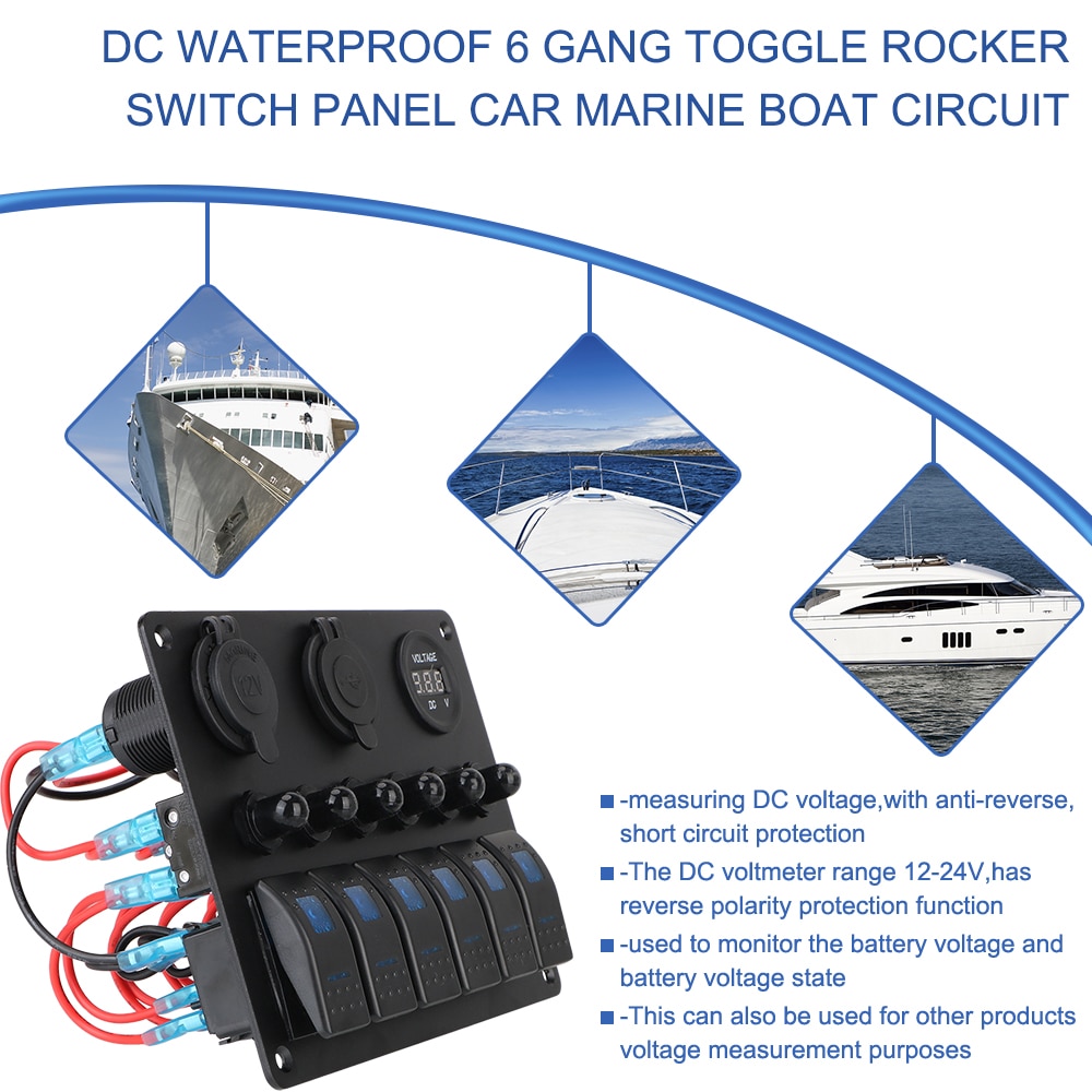 DC 12V/24V 6 Gang Rocker Switch Panel Car Marine Circuit LED Breaker Digital Voltmeter Aluminum Panel Dual USB Ports