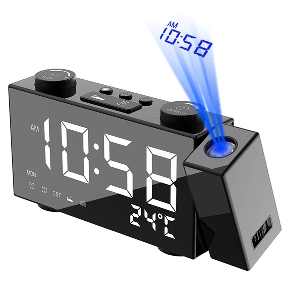 Projection Clock Digital Alarm Clock with Snooze Function Thermometer 87.5-108 MHz FM Radio USB/Batterys Power Table LED Clock