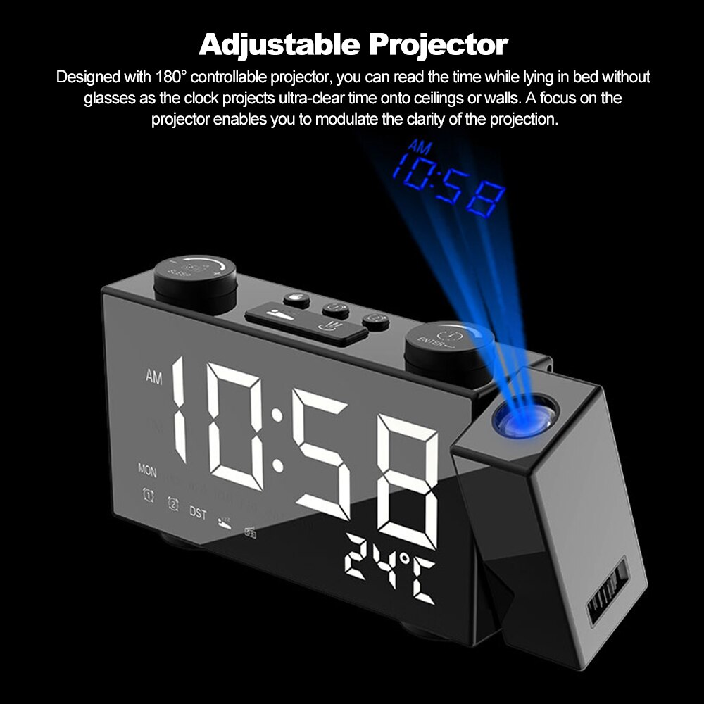Projection Clock Digital Alarm Clock with Snooze Function Thermometer 87.5-108 MHz FM Radio USB/Batterys Power Table LED Clock