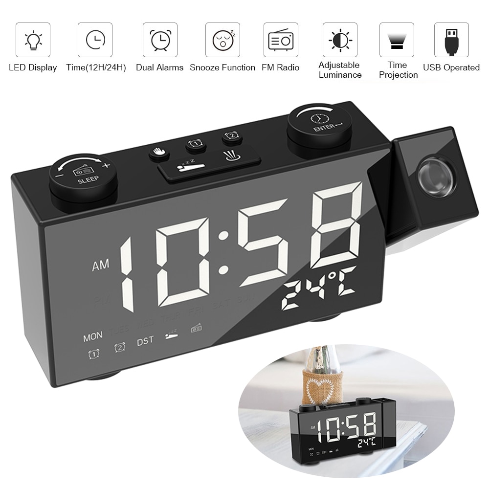 Projection Clock Digital Alarm Clock with Snooze Function Thermometer 87.5-108 MHz FM Radio USB/Batterys Power Table LED Clock