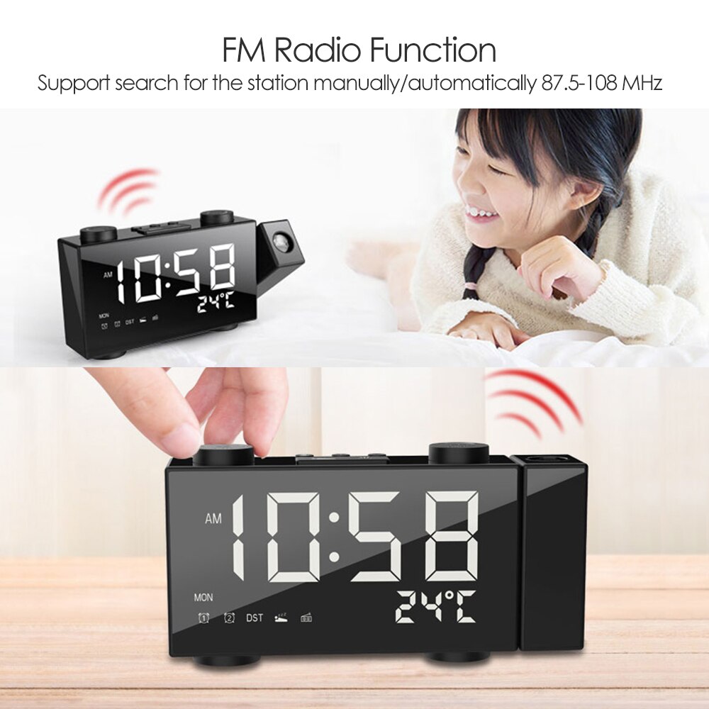 Projection Clock Digital Alarm Clock with Snooze Function Thermometer 87.5-108 MHz FM Radio USB/Batterys Power Table LED Clock