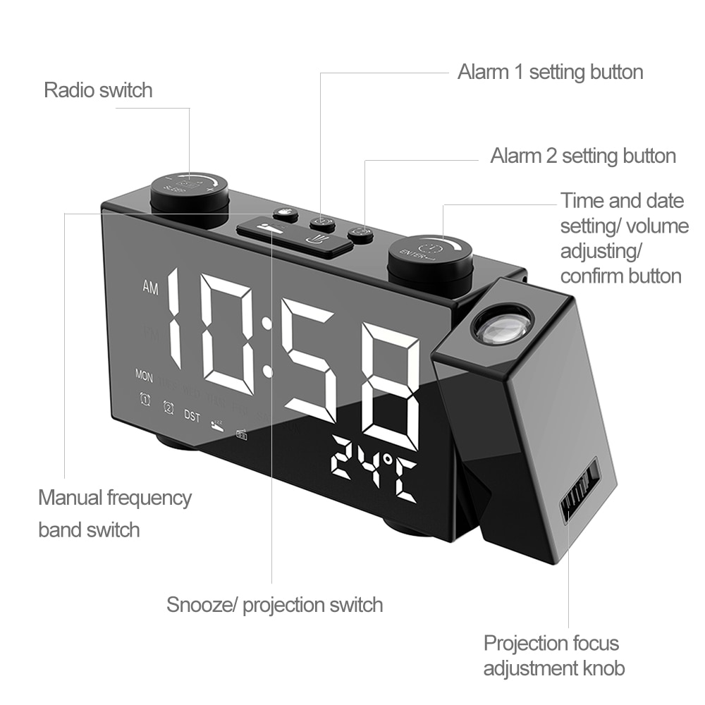 Projection Clock Digital Alarm Clock with Snooze Function Thermometer 87.5-108 MHz FM Radio USB/Batterys Power Table LED Clock