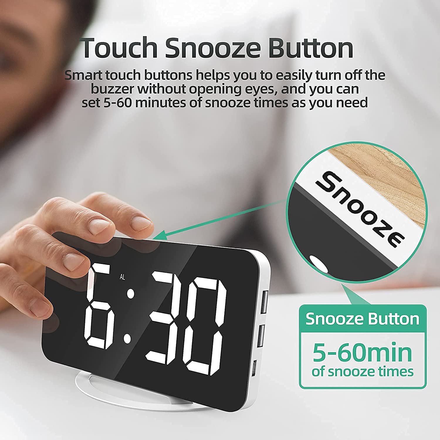 Digital Alarm Clock 7" Large LED Mirror Electronic Clocks with Touch Snooze Dual USB Charge Desk Wall Modern Clocks