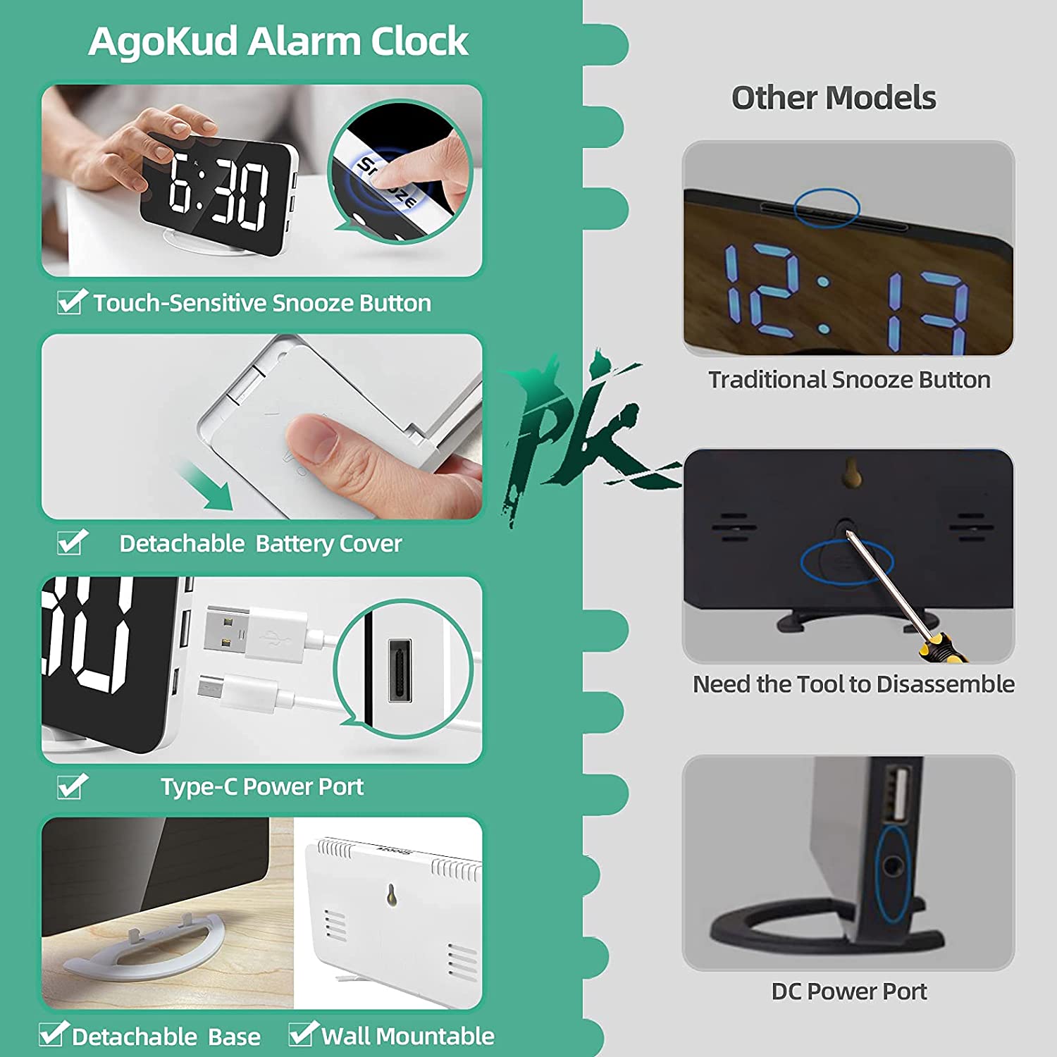 Digital Alarm Clock 7" Large LED Mirror Electronic Clocks with Touch Snooze Dual USB Charge Desk Wall Modern Clocks