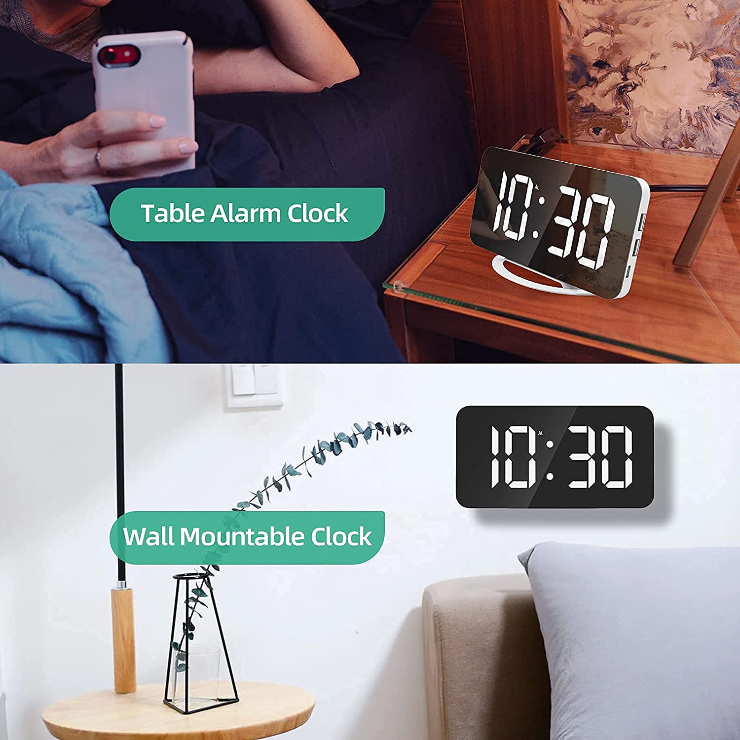 Digital Alarm Clock 7" Large LED Mirror Electronic Clocks with Touch Snooze Dual USB Charge Desk Wall Modern Clocks