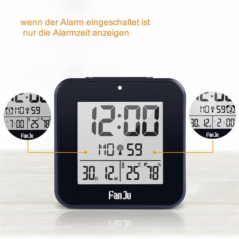 1pcs DCF Digital Alarm Clock Thermometer Hygrometer Desk Table Clocks Daily Alarms Function Automatic Backlight Gift