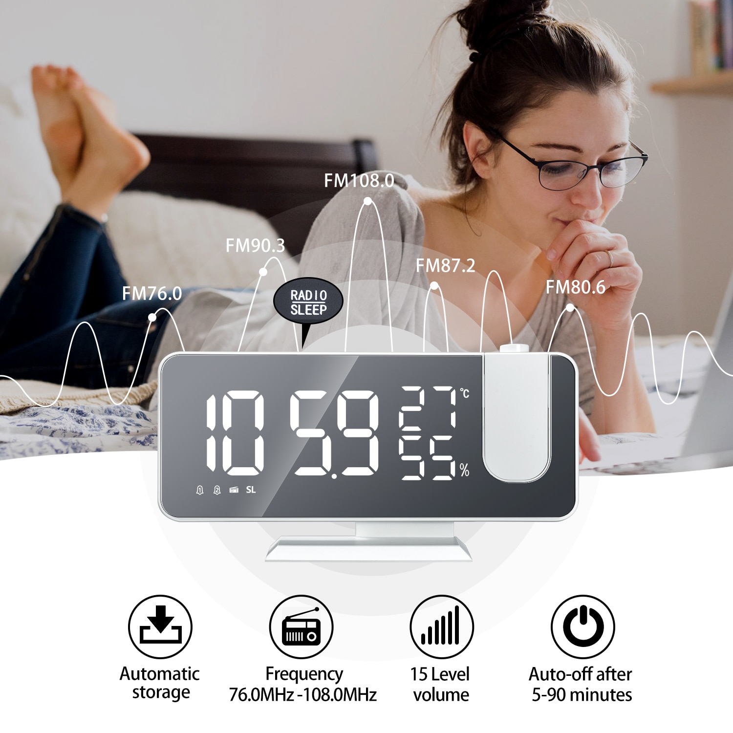 LED Digital Smart Alarm Desktop Clock FM Radio USB Wake Up Clock with 180° Time Projector Bedroom Bedside Snooze 2 Alarm