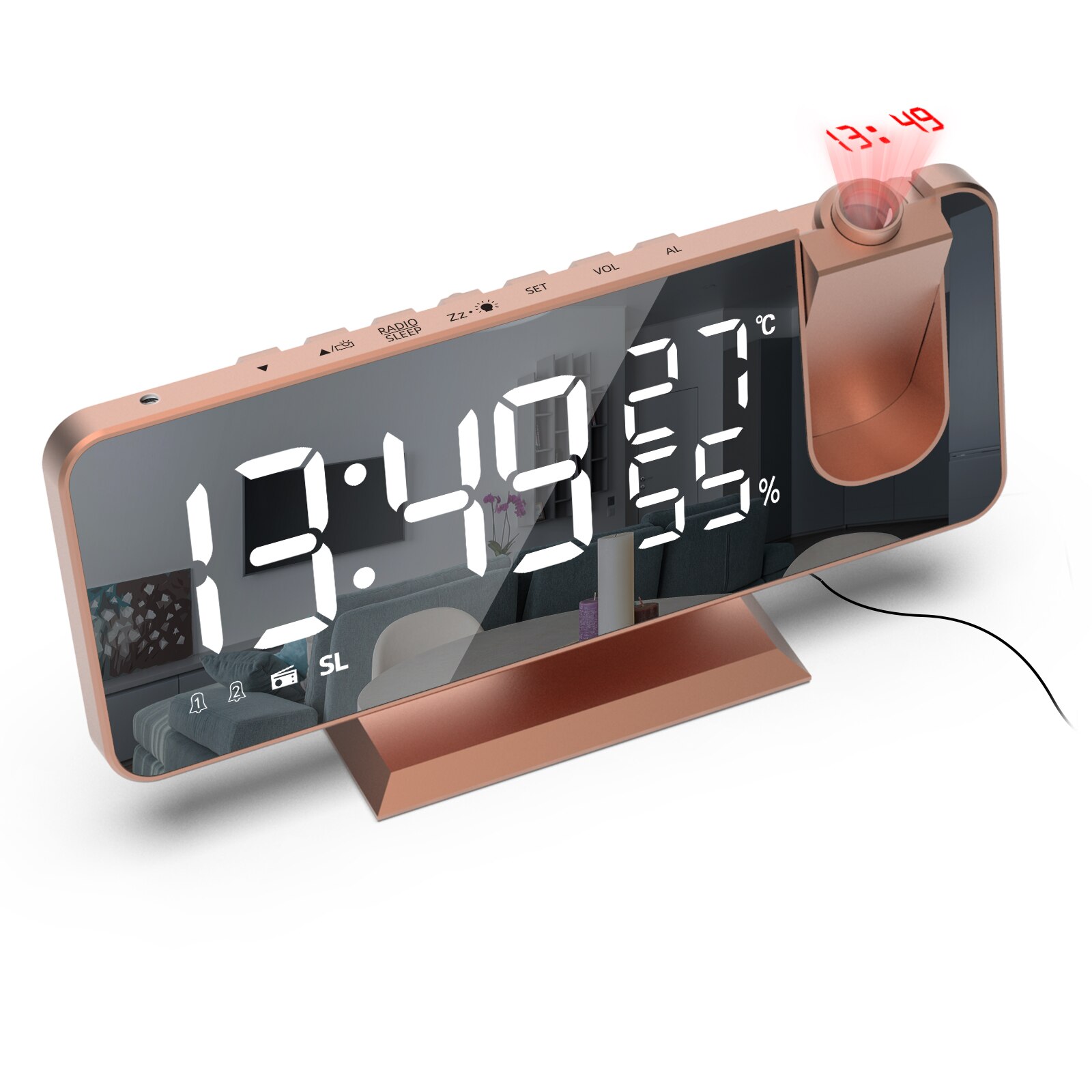 LED Digital Smart Alarm Desktop Clock FM Radio USB Wake Up Clock with 180° Time Projector Bedroom Bedside Snooze 2 Alarm