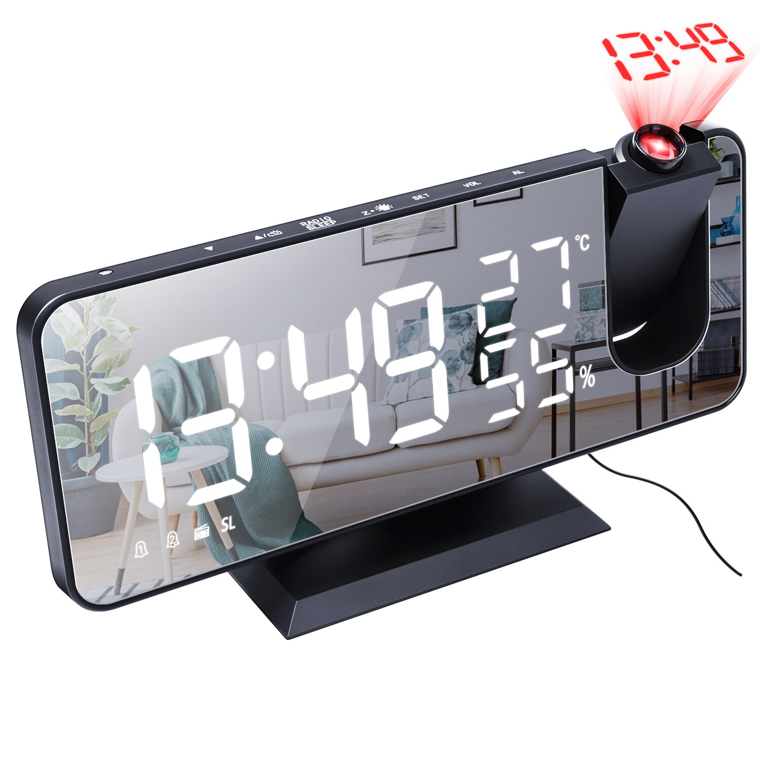 LED Digital Smart Alarm Desktop Clock FM Radio USB Wake Up Clock with 180° Time Projector Bedroom Bedside Snooze 2 Alarm