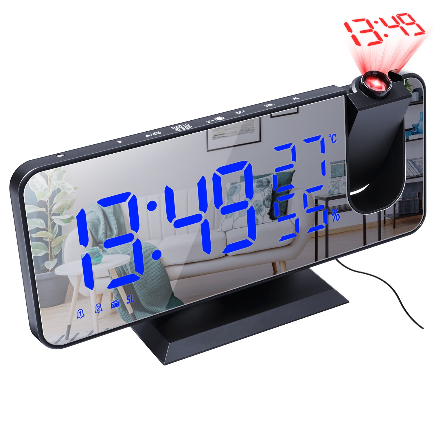 LED Digital Smart Alarm Desktop Clock FM Radio USB Wake Up Clock with 180° Time Projector Bedroom Bedside Snooze 2 Alarm