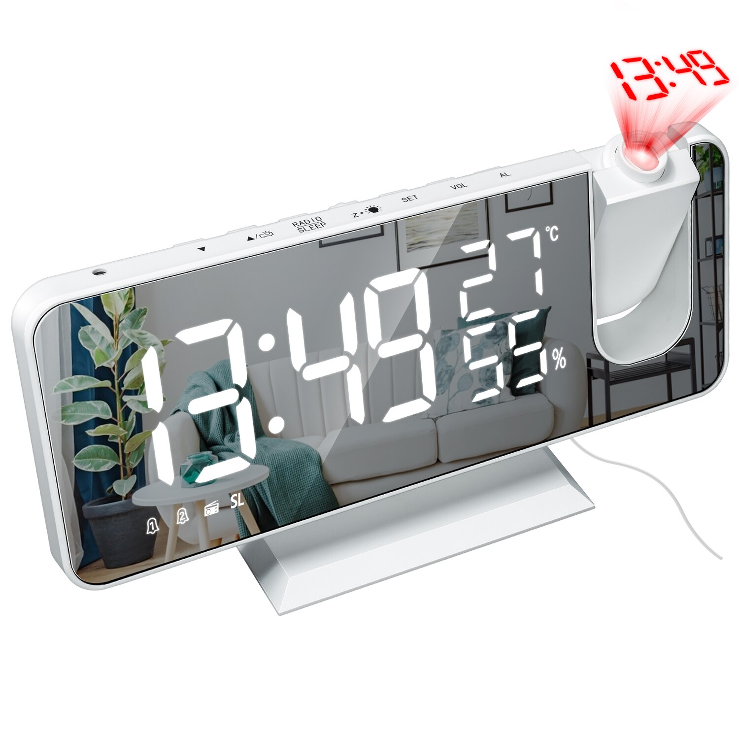 LED Digital Smart Alarm Desktop Clock FM Radio USB Wake Up Clock with 180° Time Projector Bedroom Bedside Snooze 2 Alarm