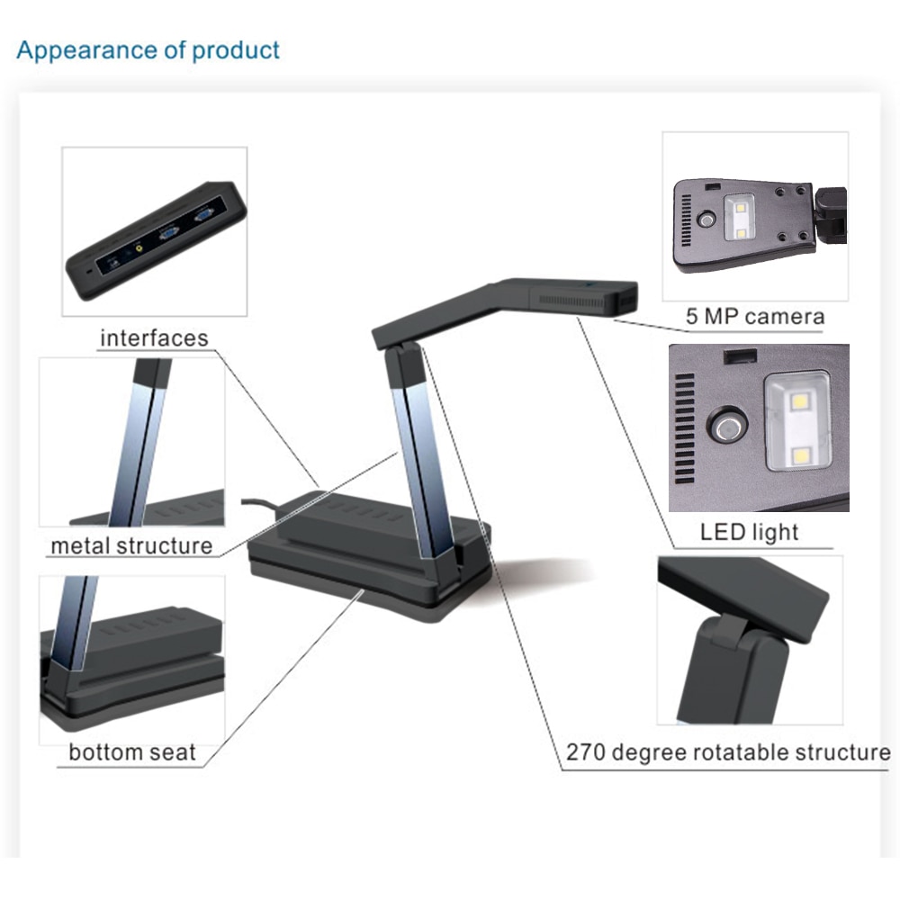 Digital Classroom document camera visualizer with HD VGA USB port VE802AF 5MP Smart book scanner portable document scanner