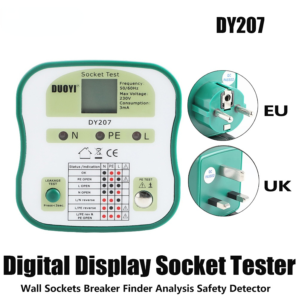 DUOYI Digital Display Socket Tester DY207 Power Socket RCD Test EU/US/UK Wall Sockets Breaker Finder Analysis Safety Detector