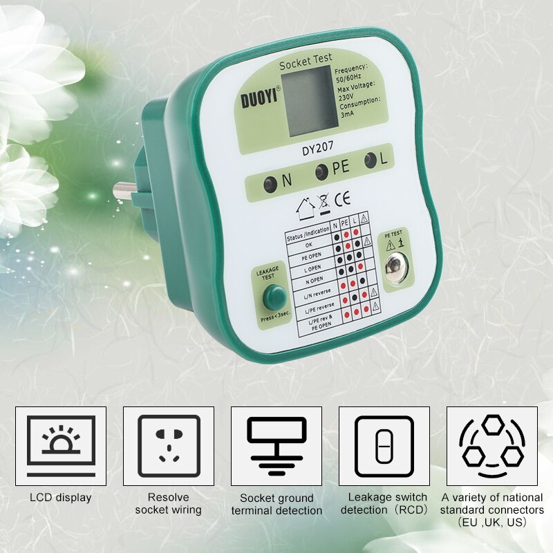 DUOYI Digital Display Socket Tester DY207 Power Socket RCD Test EU/US/UK Wall Sockets Breaker Finder Analysis Safety Detector