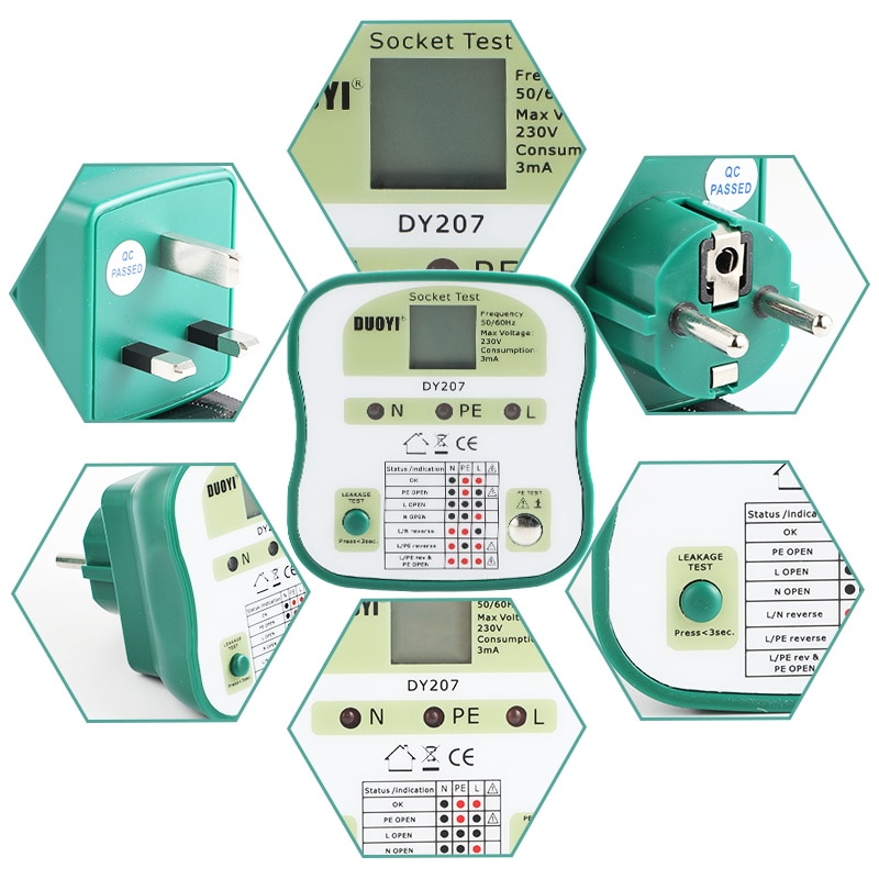 DUOYI Digital Display Socket Tester DY207 Power Socket RCD Test EU/US/UK Wall Sockets Breaker Finder Analysis Safety Detector