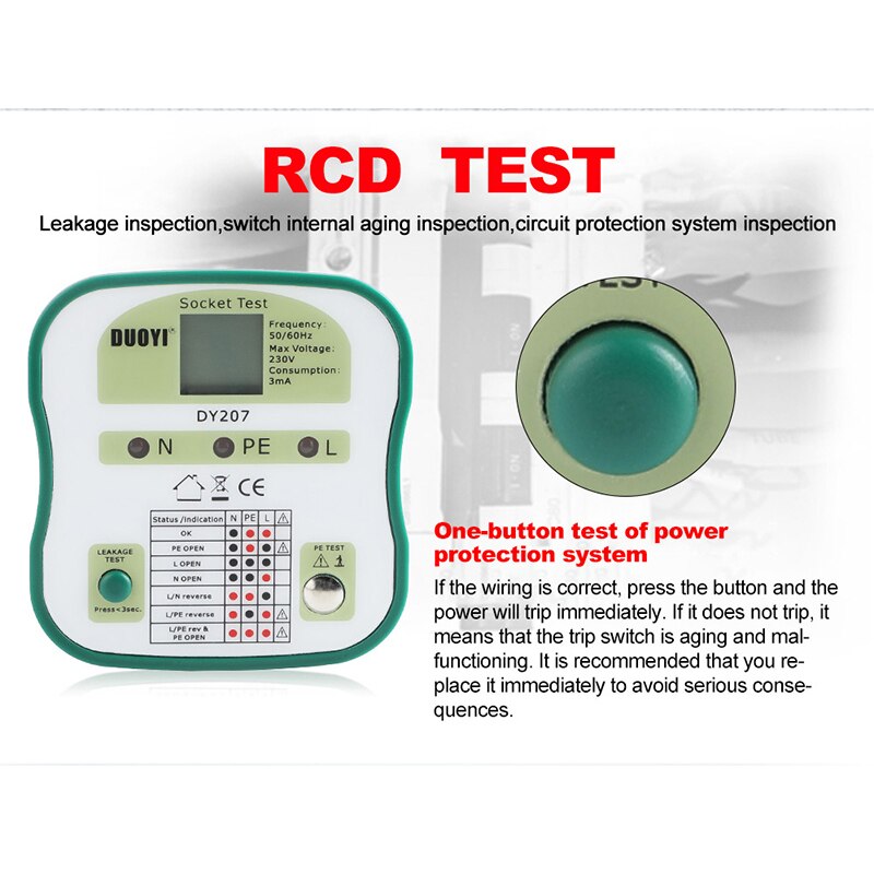 DUOYI Digital Display Socket Tester DY207 Power Socket RCD Test EU/US/UK Wall Sockets Breaker Finder Analysis Safety Detector