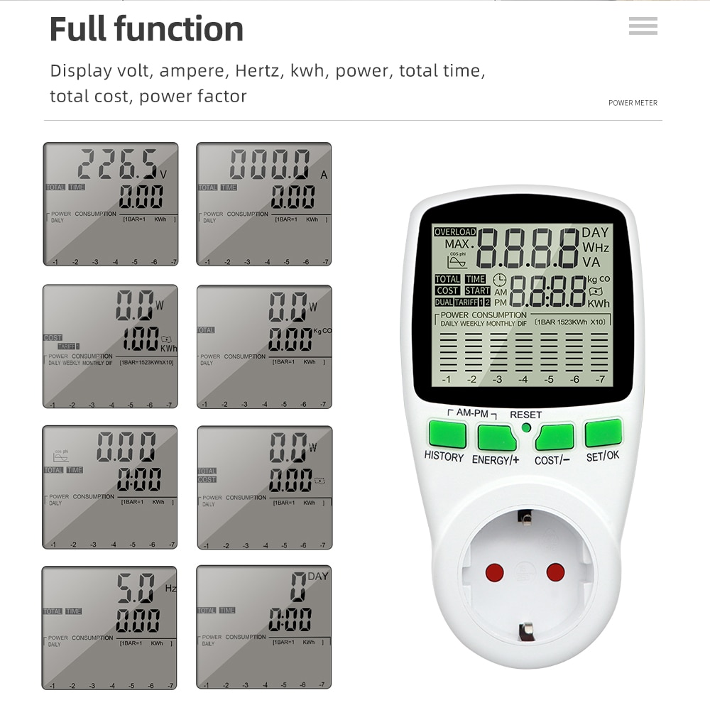 Digital Energy Meter Wattmeter Wattage Electricity Kwh Power Meter LCD Power Meter Outlet Power Analyzer EU US UK AU FR 40% off