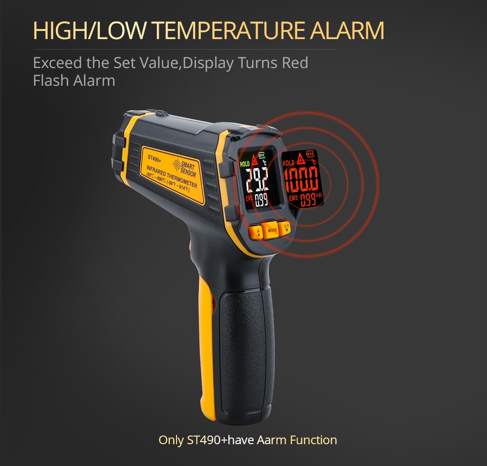 AE320 ST390 ST490 Digital Infrared Thermometer Laser Temperature Meter Non-contact Pyrometer Imager Hygrometer IR Termometro Color LCD Light Alarm