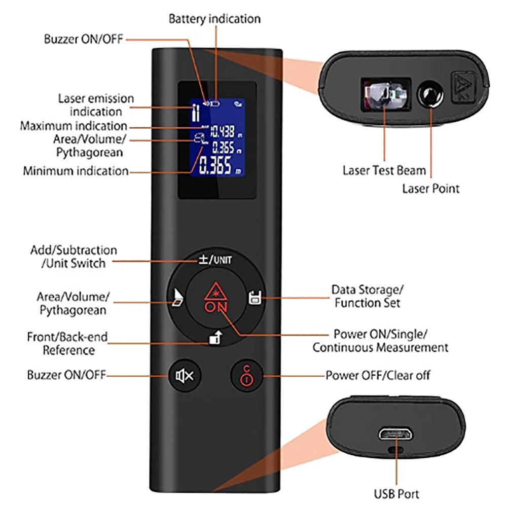 40m Digital Laser Rangefinder Mini USB Charging Rechargeable Handheld Distance Meter For Indoor Design Construction Field