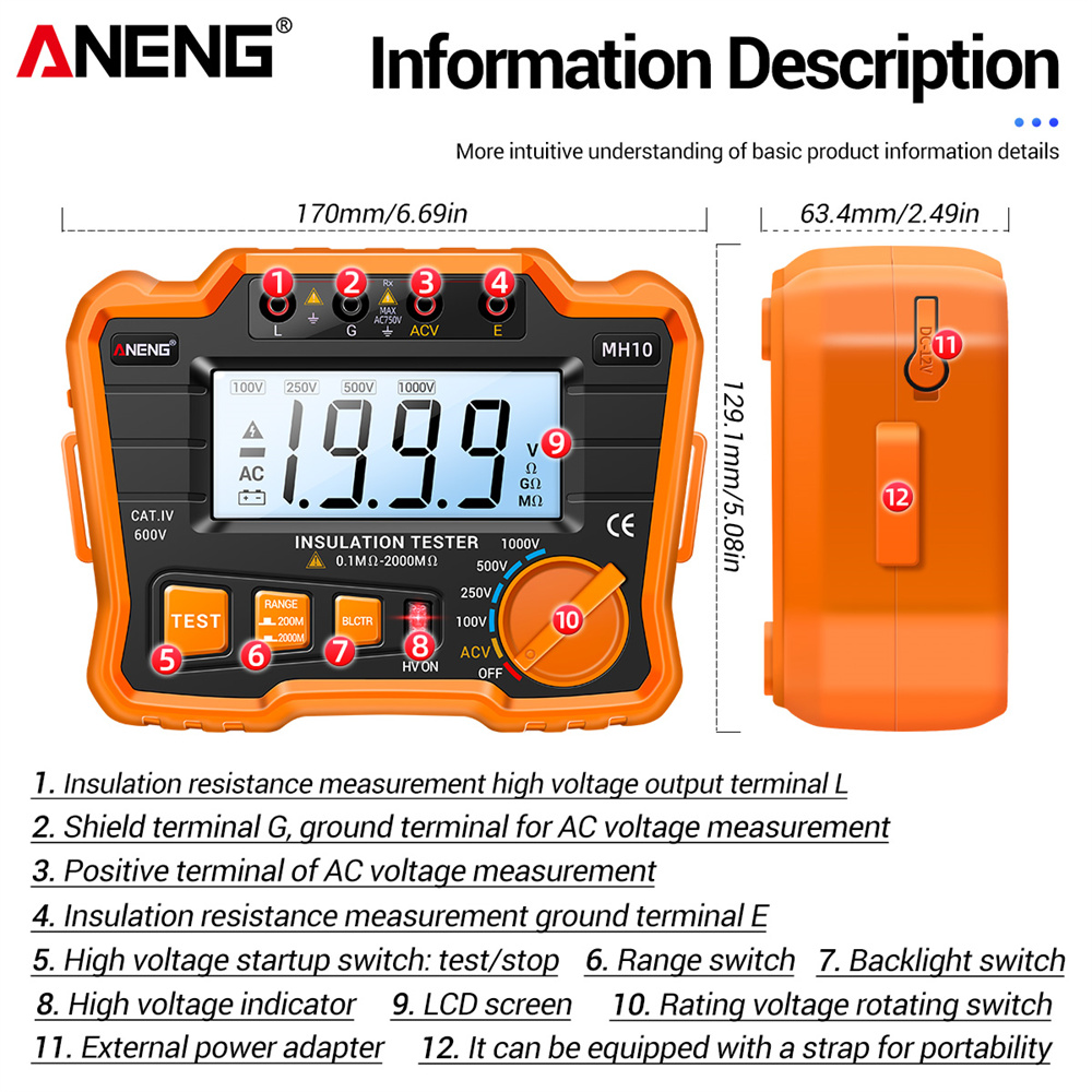 ANENG MH10 Digital Megohmmeter Megger Meter Insulation Earth Ground Resistance 100-1000V Ohm Voltage Tester