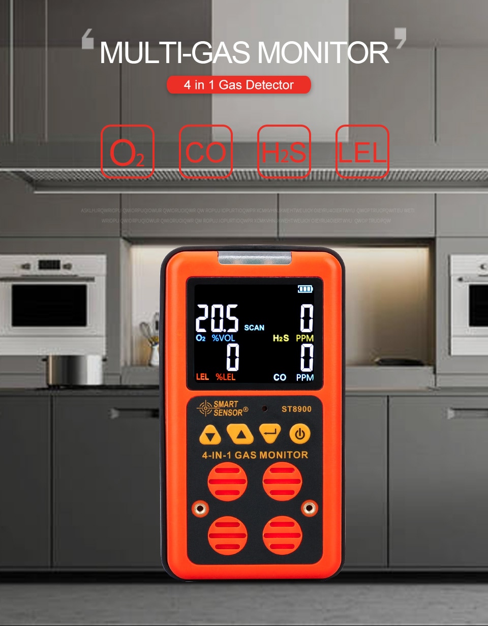 ST8900 Digital Multi Gas Detector 4 in 1 O2 H2S CO LEL Gas Analyzer Oxygen Hydrogen Sulfide Carbon Monoxide Combustible Gas Monitor