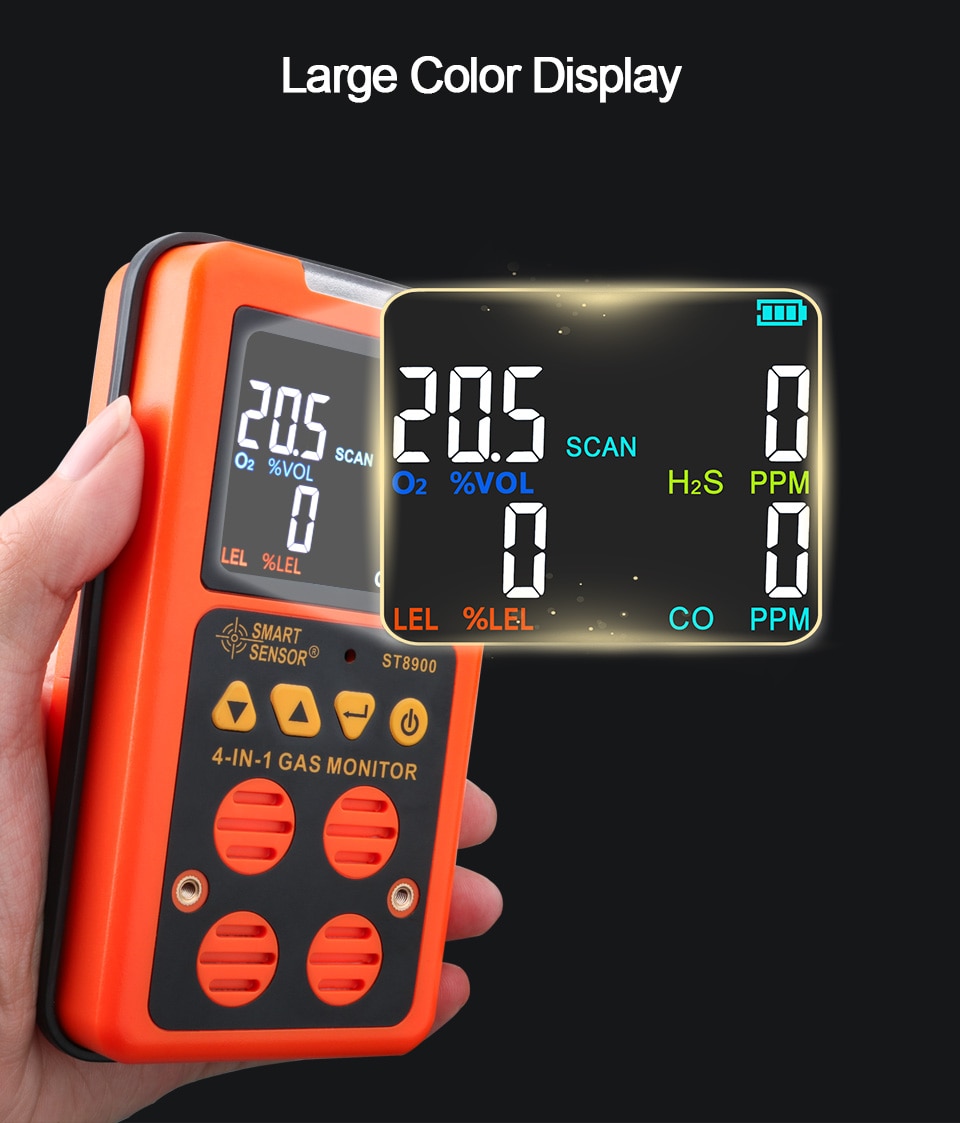 ST8900 Digital Multi Gas Detector 4 in 1 O2 H2S CO LEL Gas Analyzer Oxygen Hydrogen Sulfide Carbon Monoxide Combustible Gas Monitor