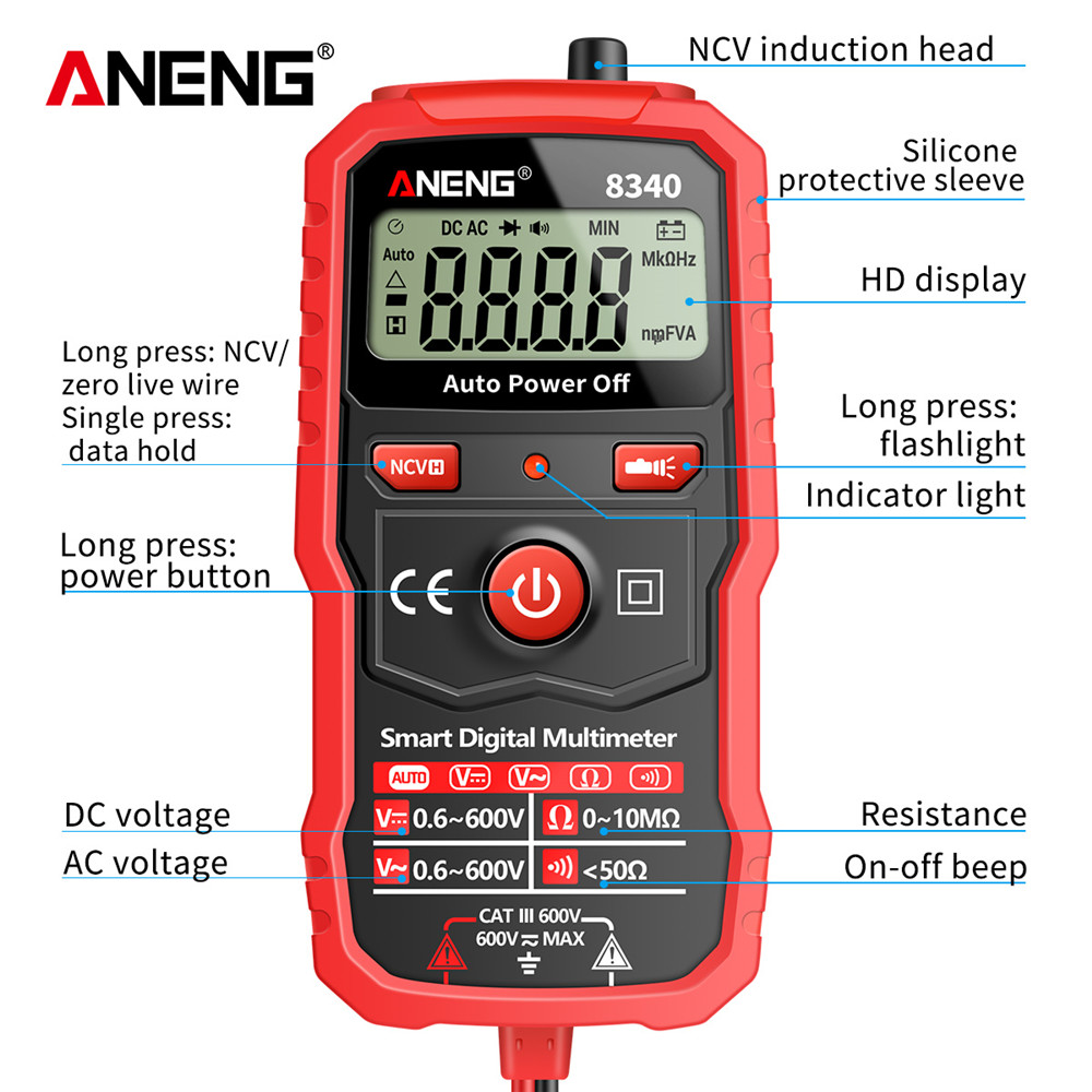 ANENG 8340 Digital Multimeter Voltmeter Ohm Meter 1999 Counts AC/DC Voltage Resistance NCV Tester for Home Circuit Repair