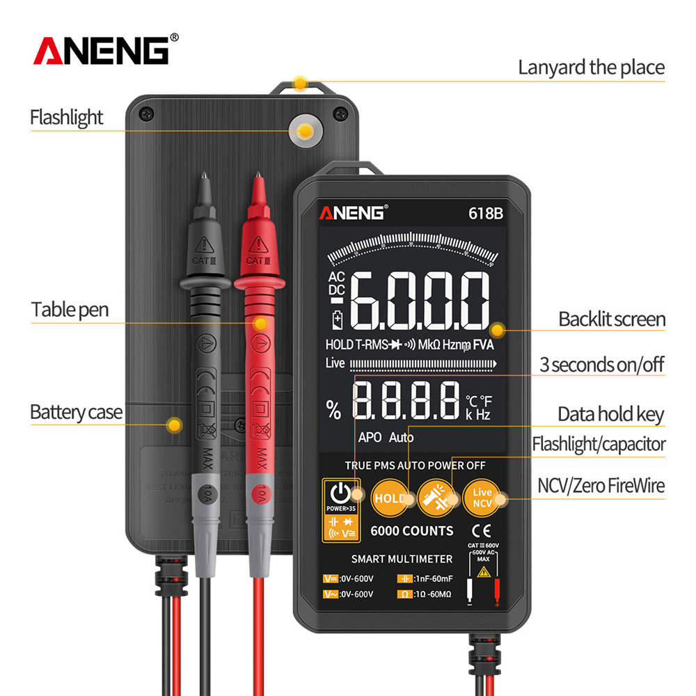 ANENG 618B Digital Multimeter Touch DC/AC Professional Analog Tester True RMS Multimetro Transistor Capacitor NCV Testers Meter