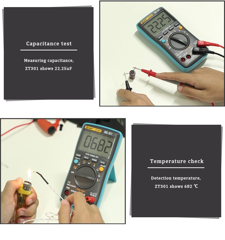 Digital Multimeter ZT301 ZT302 ZT303 True-RMS DC/DA Voltmeter Ammeter Multimetro DMM Resistance Ohm Cap Hz Temp Tester