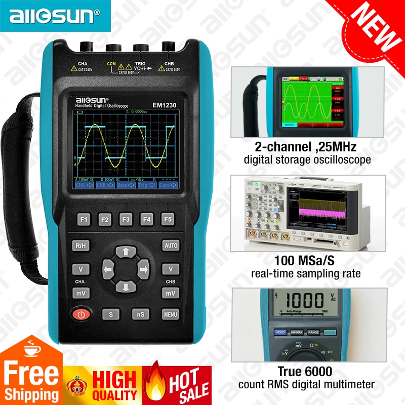 2in1 Handheld Oscilloscope 2 Channels with Color Screen Scope Digital Multimeter DMM Meter EM1230