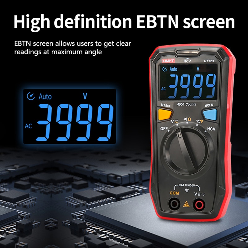 UNI-T Auto Range Mini Digital Multimeter Temperature Tester UT123 UT123D Data hold AC DC Voltmeter Pocket Voltage Ampere Ohm Meter