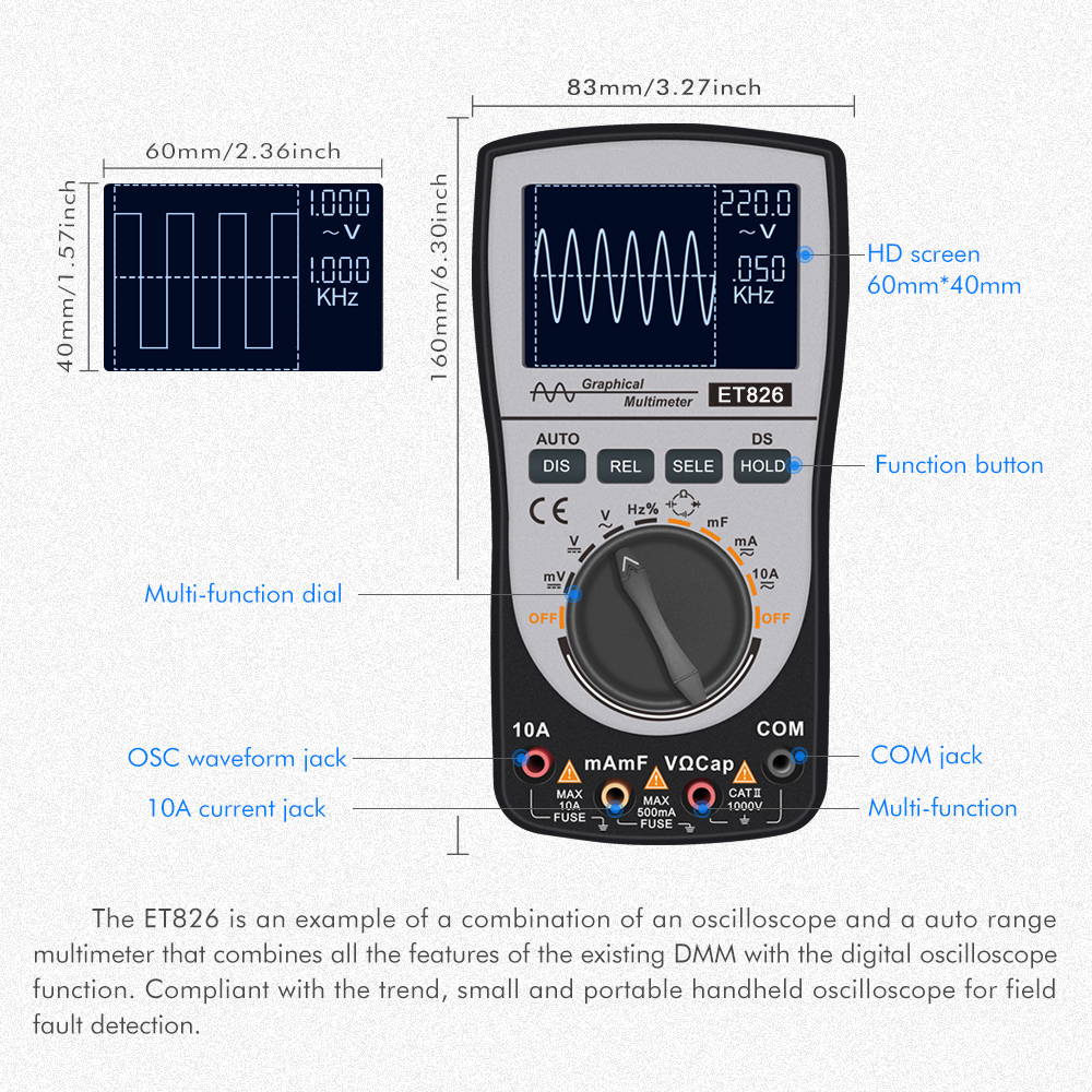 ET826 Digital Oscilloscope Multimeter DC/AC Current Voltage Resistance Frequency Diode Tester with 4000 Counts 20KHz Analog Bandwidth