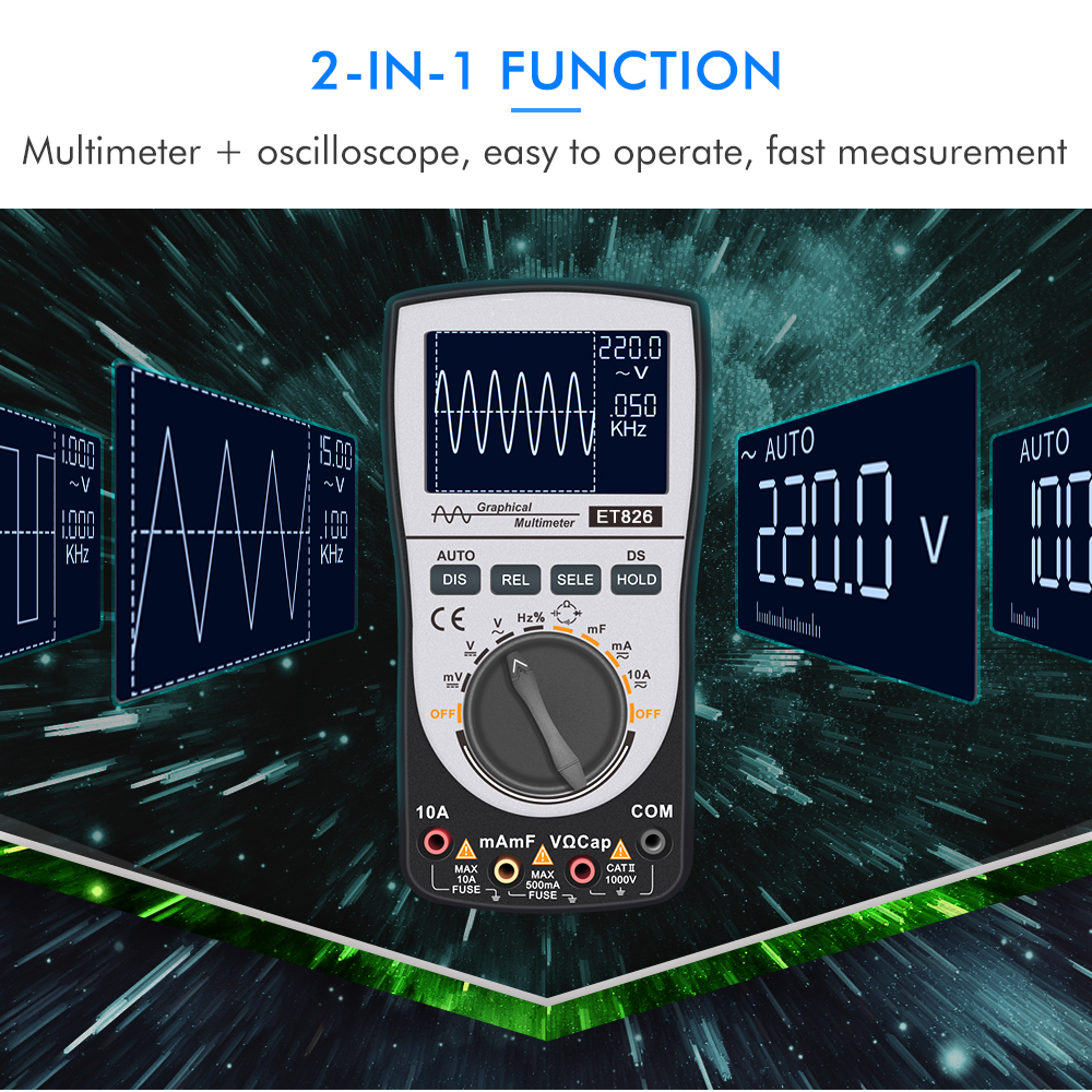 ET826 Digital Oscilloscope Multimeter DC/AC Current Voltage Resistance Frequency Diode Tester with 4000 Counts 20KHz Analog Bandwidth