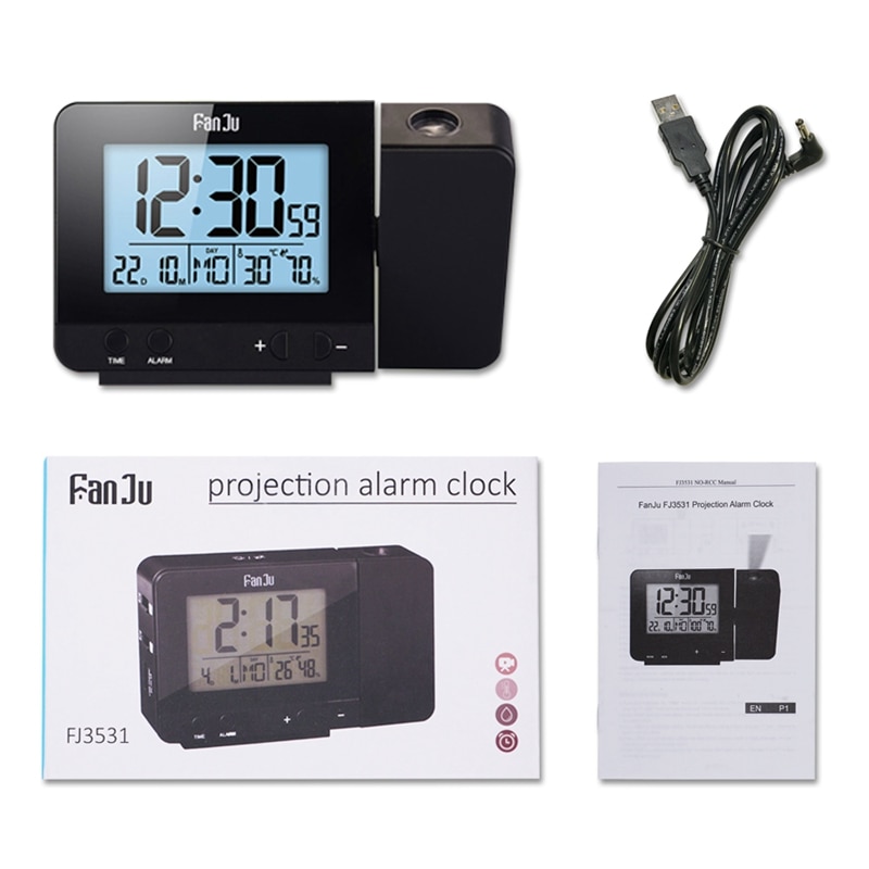 Digital Projection Alarm Clock Date Snooze Function LED Projector Desk Table Thermometer Hygrometer Lazy Clock Time Backlight