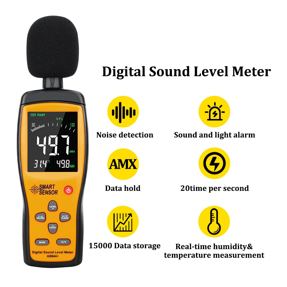 AS844+ Digital Sound Level Meter 30~130db Audio Noise Volume Measuring Instrument dB Decibel Monitoring Tester w/ Data Store 15000pcs