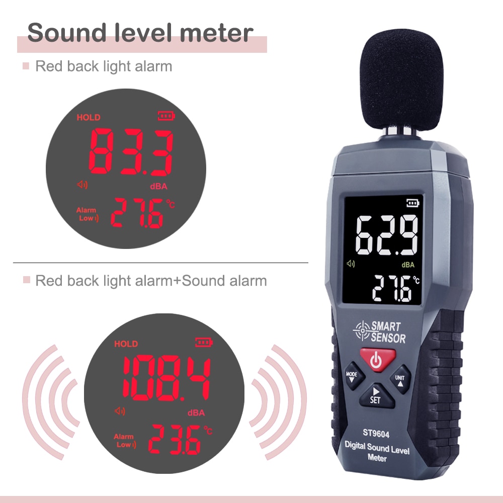 ST9604 Digital Sound Level Meter Color LCD db Decibel monitor Audio Level Meter tester 30-130dB Noise Measurement Diagnostic tool Alarm