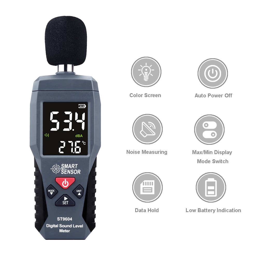 ST9604 Digital Sound Level Meter Color LCD db Decibel monitor Audio Level Meter tester 30-130dB Noise Measurement Diagnostic tool Alarm