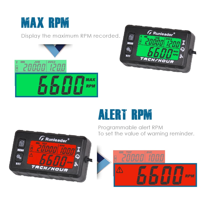 Engine Tachometer Maintenance Reminder Hour Meter Digital Tacho Hour Meters Multi-Color Backlit Display for Boat Lawn Mower HM032B