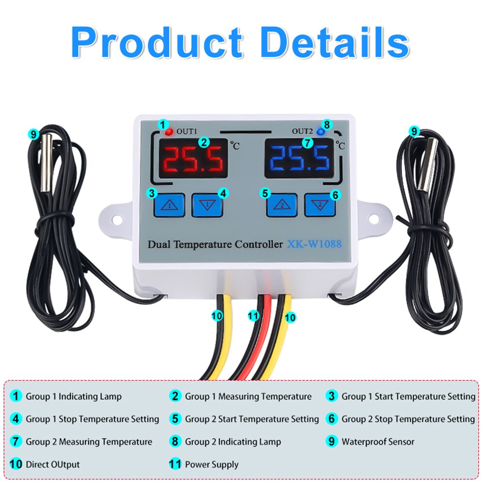 Digital Thermostat Temperature Controller Two Relay Output Thermoregulator for incubator Heating Cooling XK-W1088