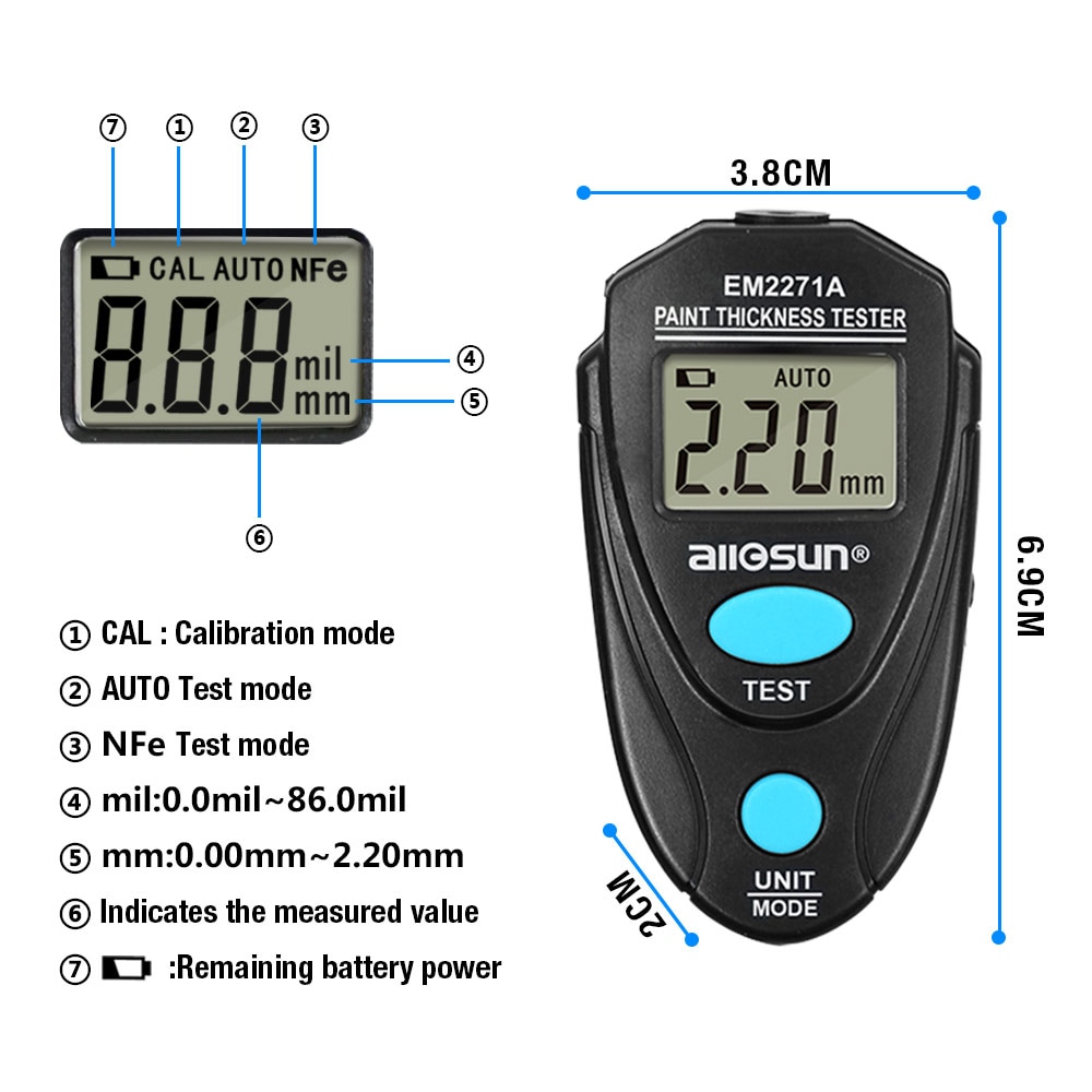 EM2271A Digital Thickness Gauge Coating Meter  Fe/NFe 0.00-2.20mm for Car Thickness Meter  Russian Manual