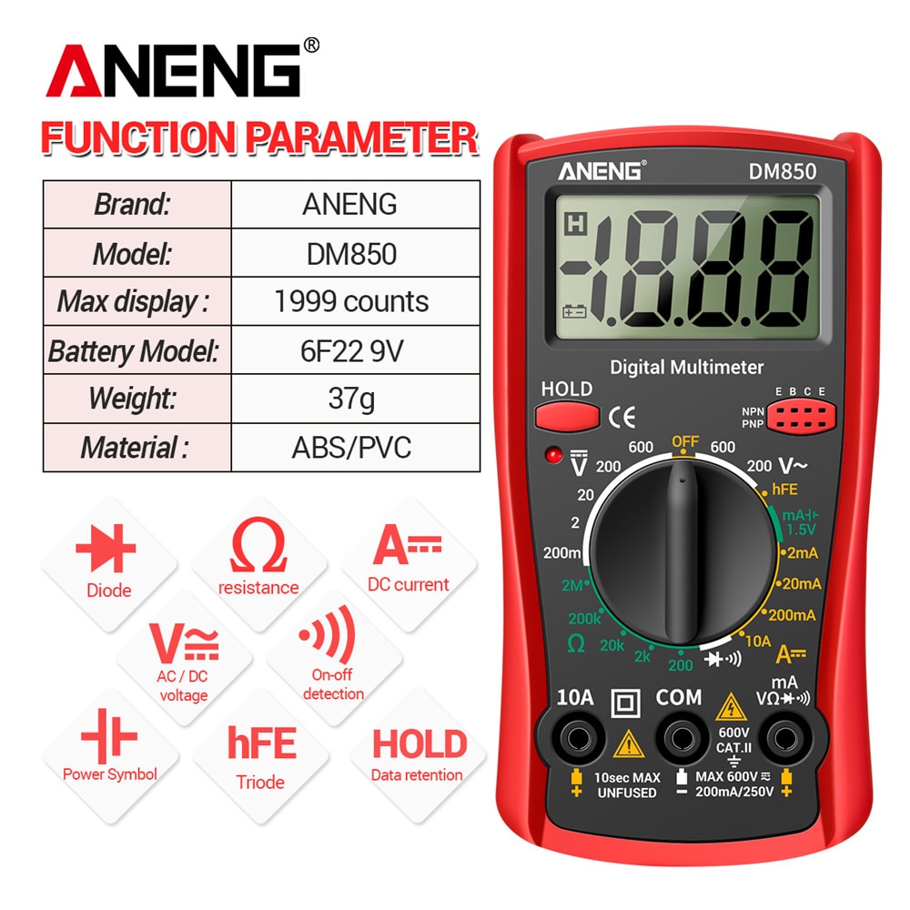 ANENG DM850 Eletrical Digital 1999 Counts Professional Multimeter Auto AC/DC Votage tester Ohm Current Ammeter Detector Tool