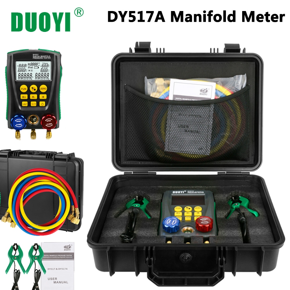 DUOYI DY517A Digital Manifold Meter Air Conditioning Vacuum Gauge for Refrigeration HVAC Vacuum Pressure Temperature Tester Set